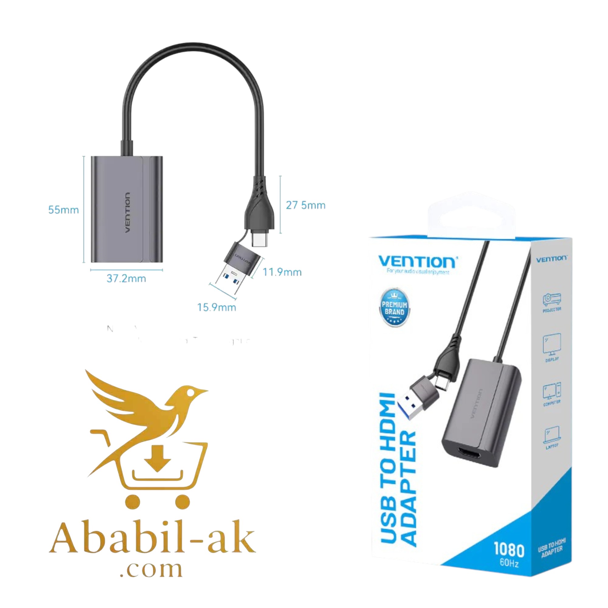 VENTION ACYHB USB-C + USB-A to HDMI Adapter 0.15M Gray Aluminum Alloy Type (G-B)